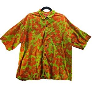 Bali Style Mens Hawaiian Shirt Orange Green Floral Short Sleeve Button Up